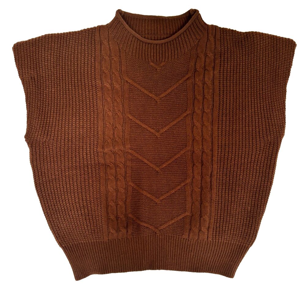 COMMENSE Sweater Vest S Brown Cable Knit Mock Neck Chunky Preppy Layering